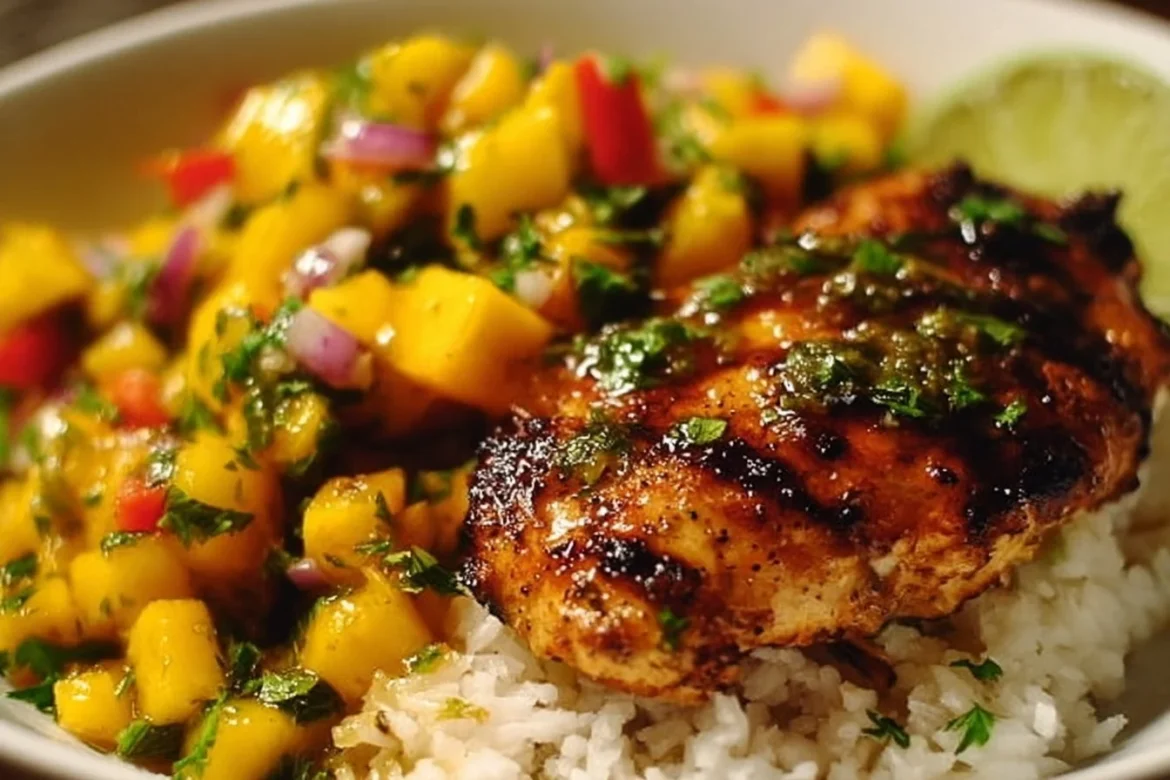 Plate of Honey Lime Chicken with Mango Salsa garnished with fresh herbs