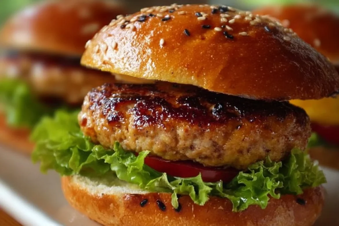 Honey mustard glazed turkey burgers on a grill