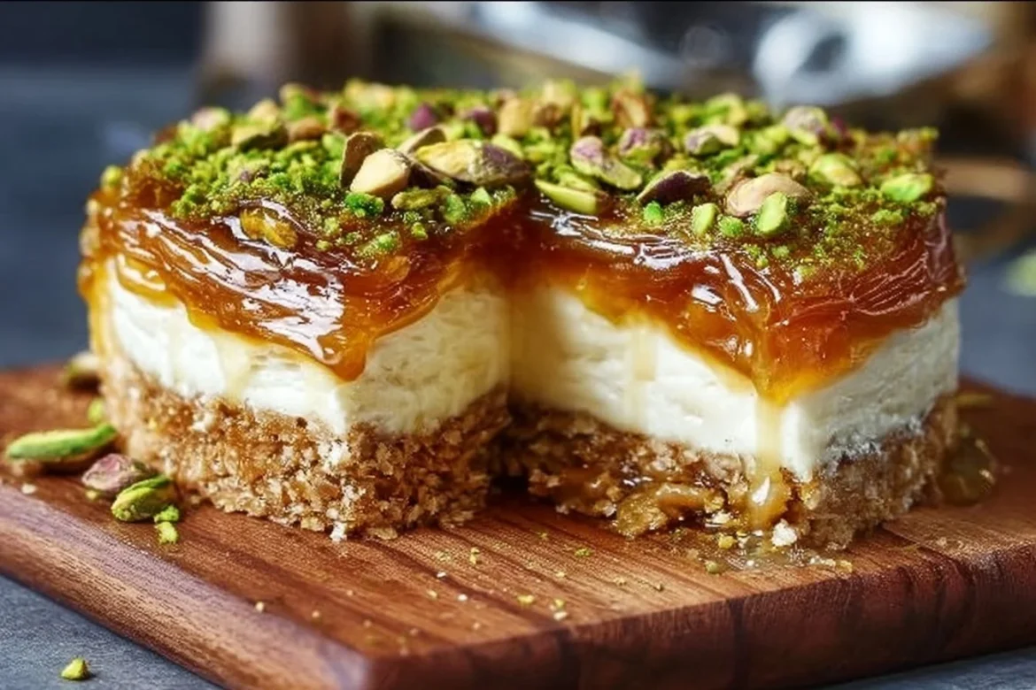 Honey Pistachio Baklava Cheesecake with layers of honey, pistachios, and creamy cheesecake