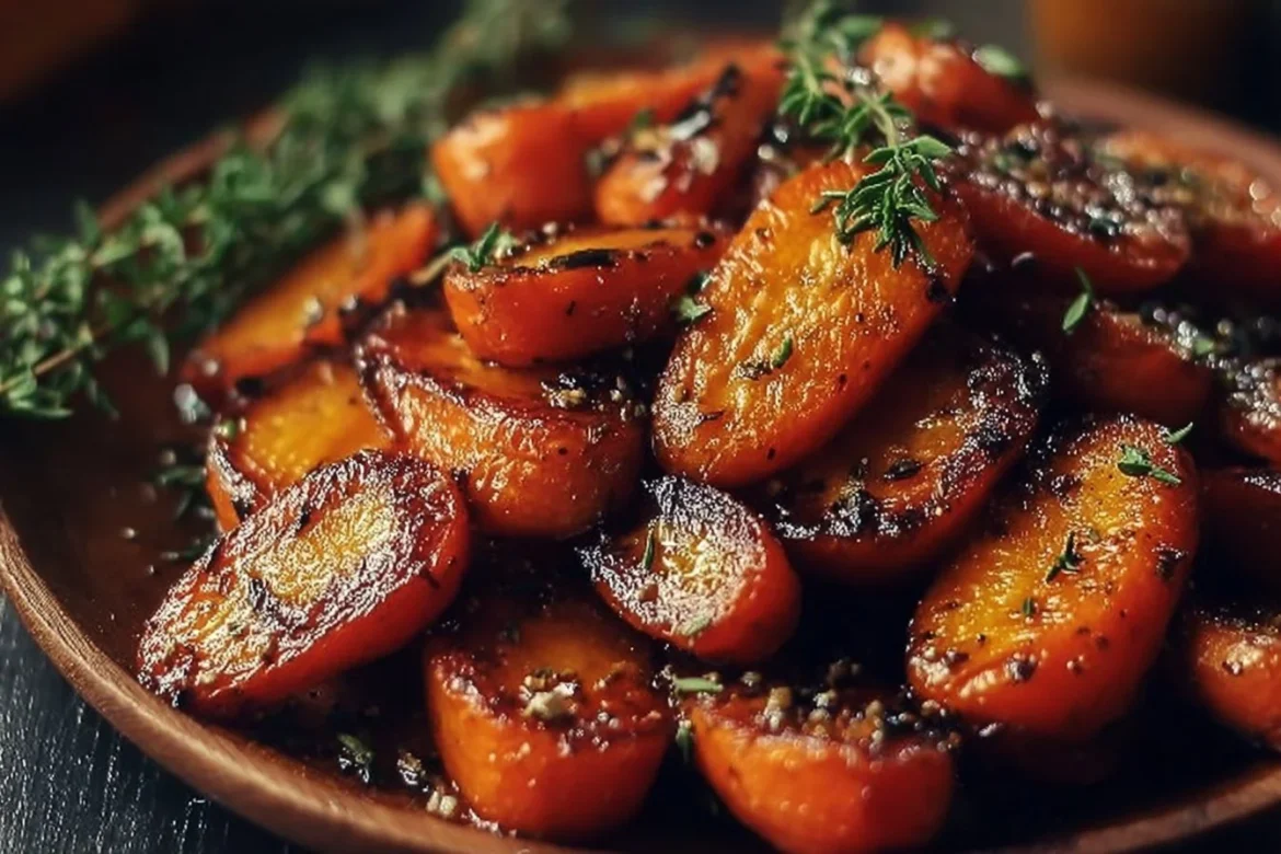 Honey roasted carrots seasoned with thyme, ready to serve as a delicious side dish.