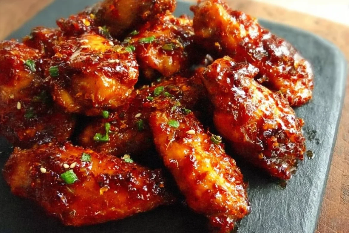 Delicious Honey Sriracha Chicken Wings served on a plate with garnishes