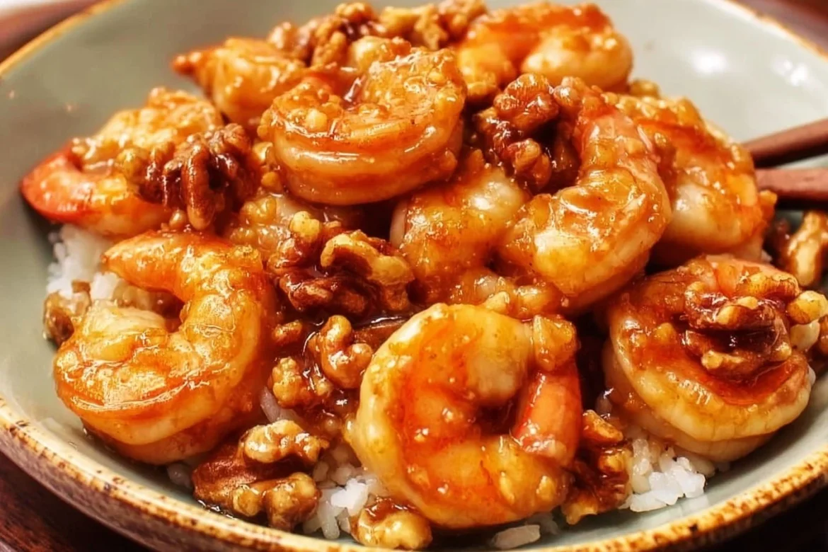 Delicious Honey Walnut Shrimp served on a plate with garnished walnuts.