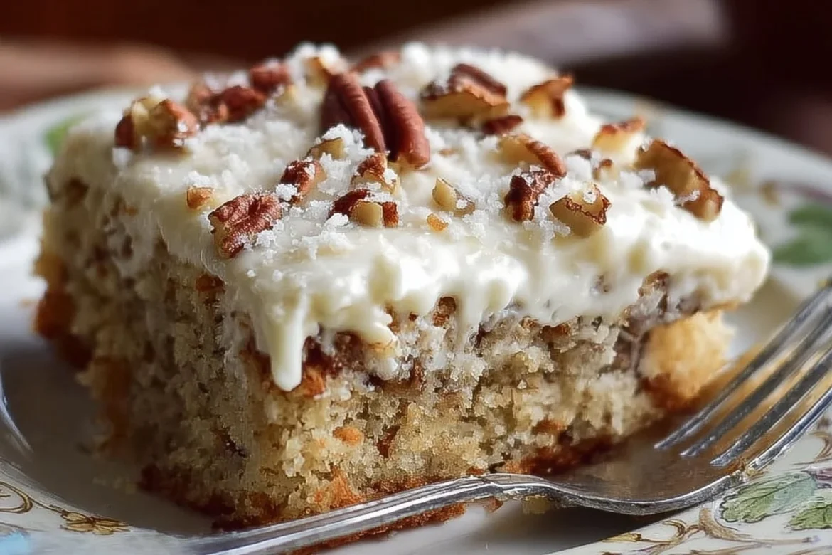 Delicious Hummingbird Sheet Cake topped with cream cheese frosting and fresh fruit.
