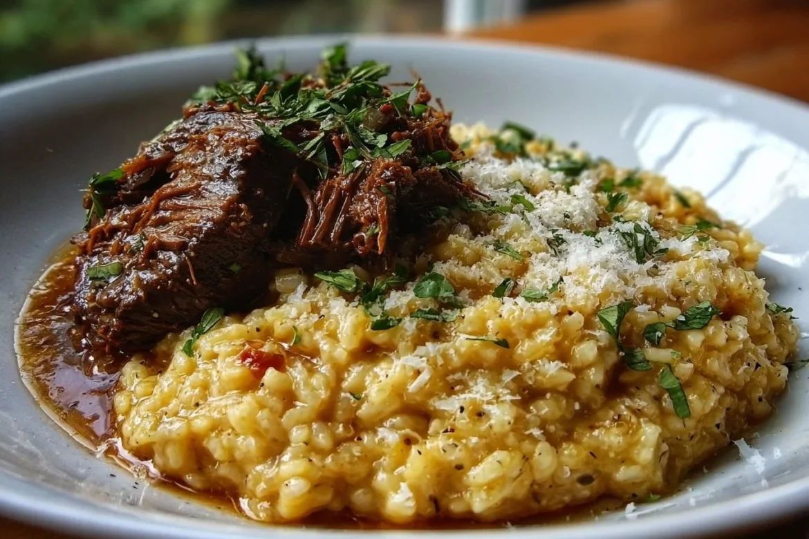 Italian Pot Roast served with creamy Parmesan Risotto in a cozy setting.