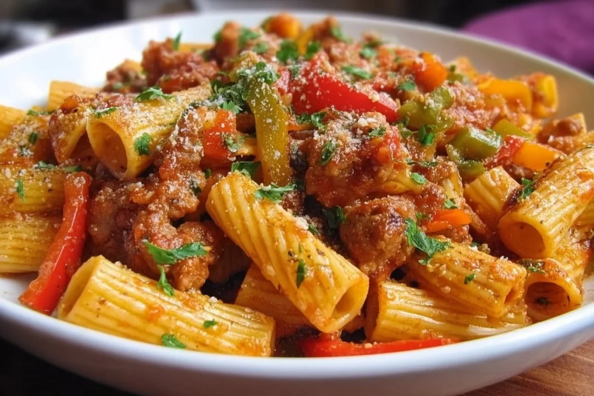 Plate of Italian Sausage and Peppers Pasta garnished with herbs