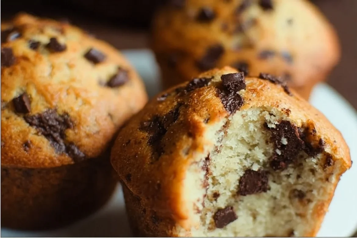 Delicious jumbo banana chocolate chip muffins baked to perfection.