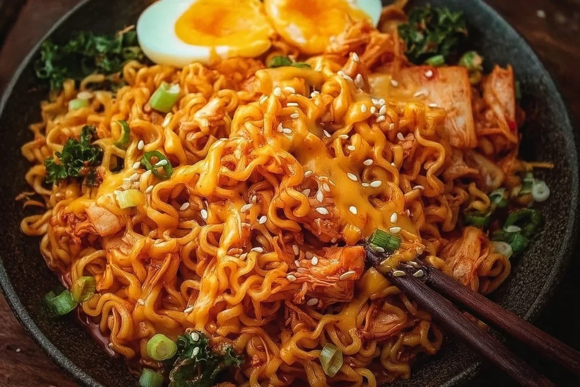 Kimchi Cheese Ramen Stir-Fry with vibrant colors and textures in a bowl.