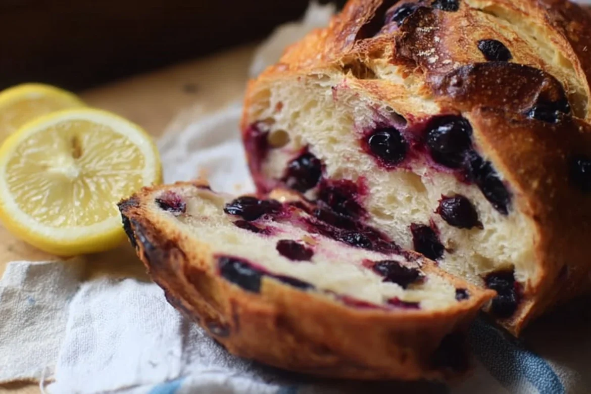 Homemade Lemon Blueberry Sourdough Bread with fresh blueberries and lemon zest