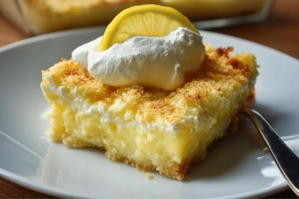 Lemon cream cheese dump cake served on a rustic plate with fresh lemon slices.