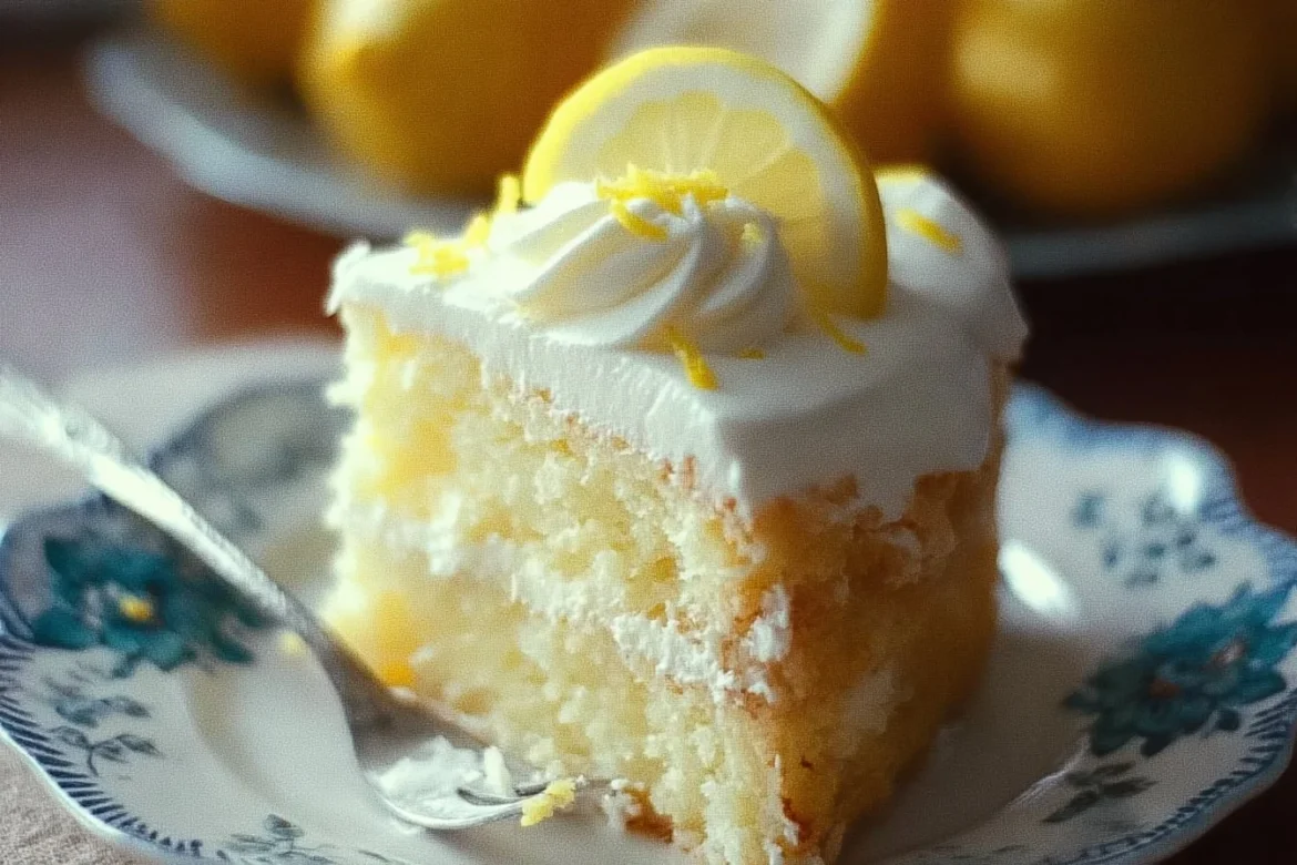 Lemon Velvet Cake with Cream Cheese Frosting served on a decorative plate