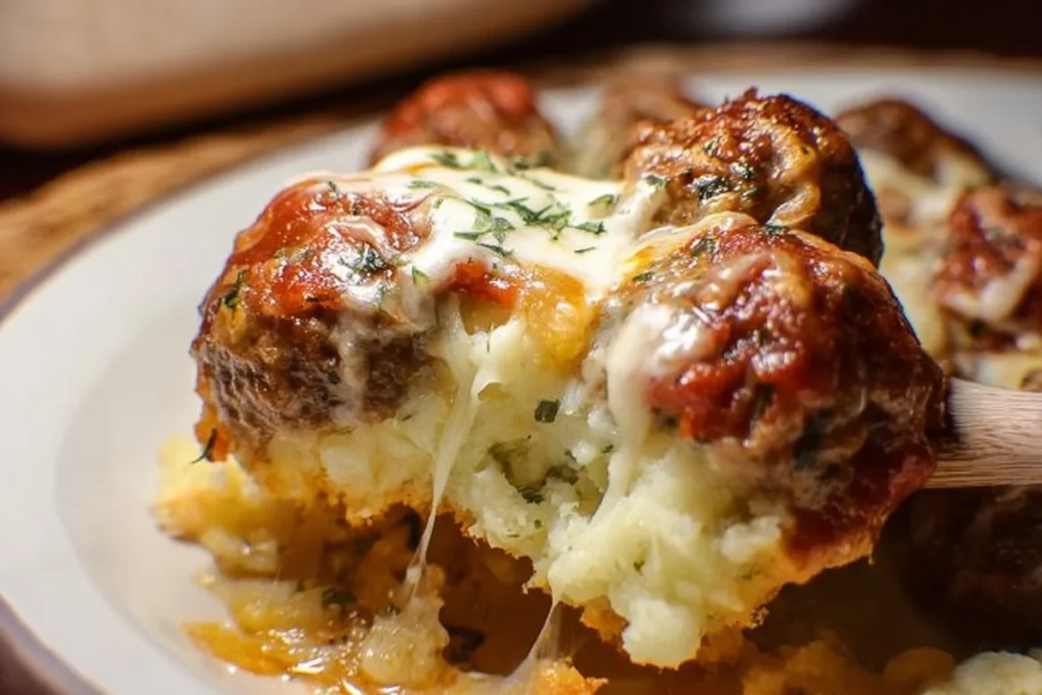 Loaded Mashed Potato and Meatball Casserole topped with cheese and herbs