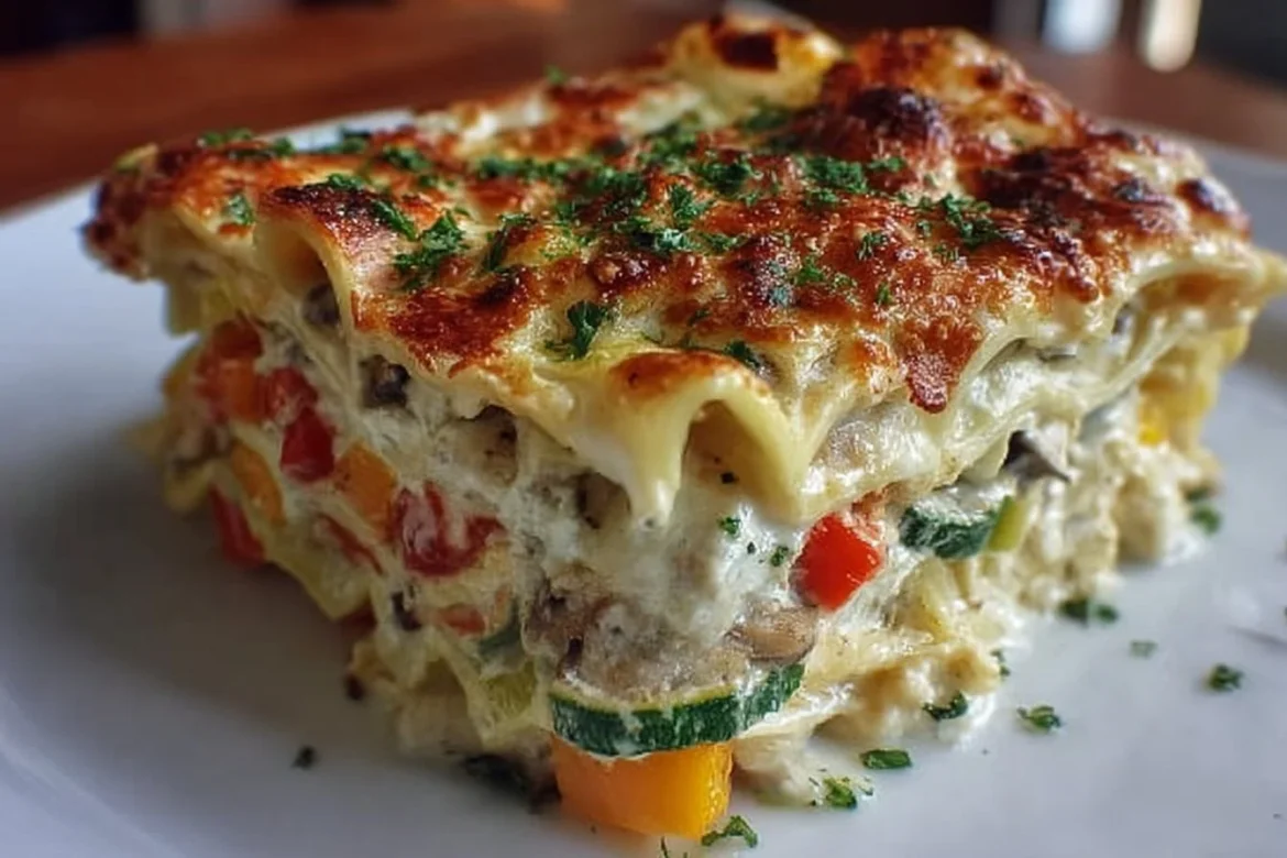 Loaded Veggie White Lasagna with layers of vegetables and cheese