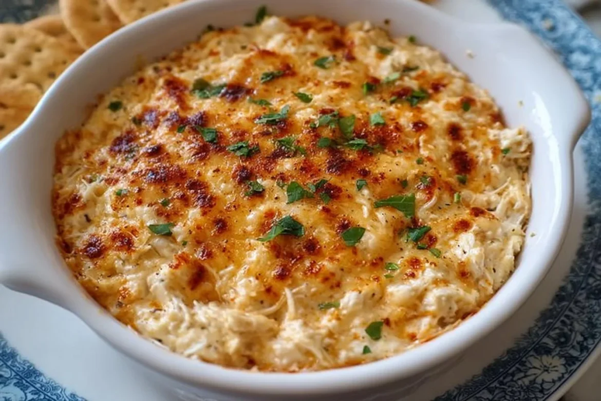 Delicious Maryland crab dip served in a bowl with a garnished topping