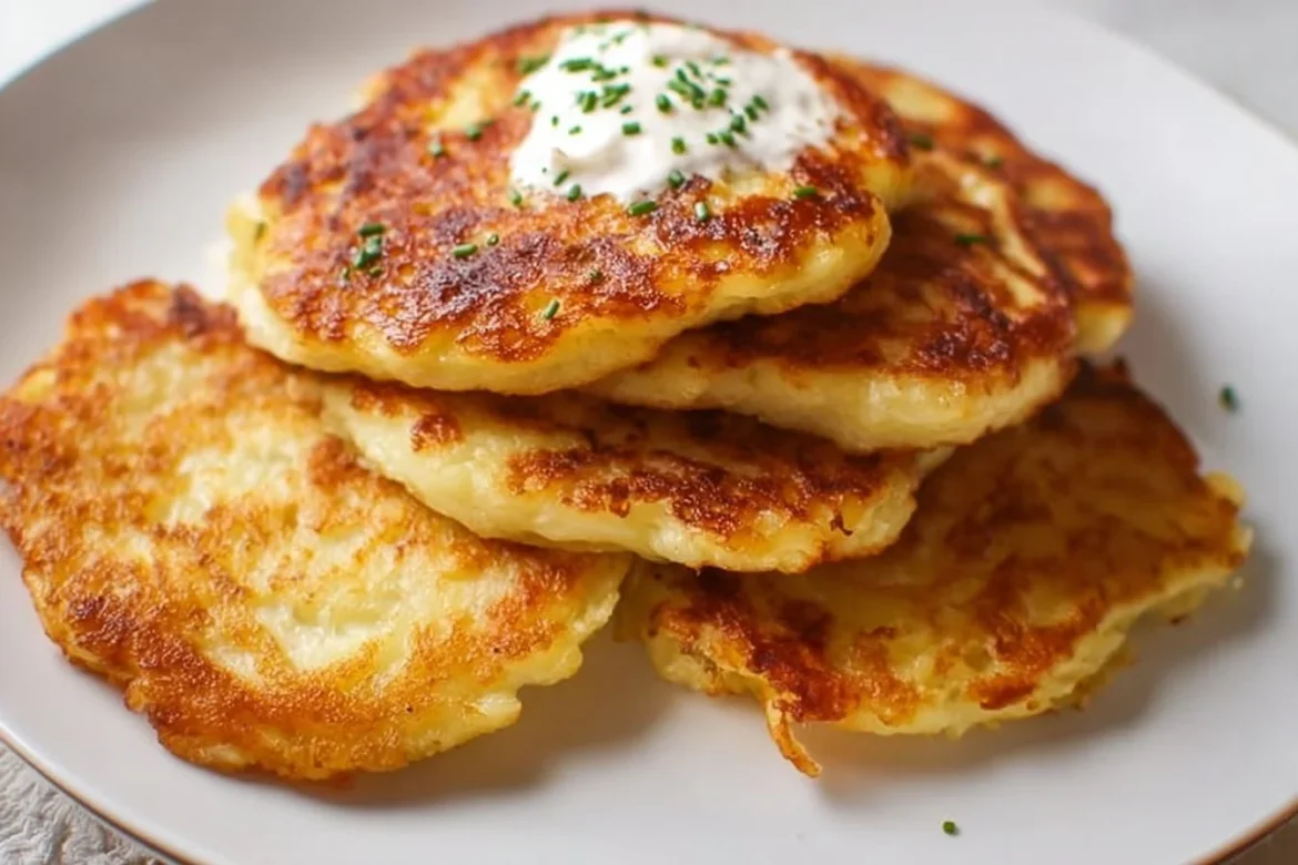 Golden brown mashed potato pancakes served on a plate with dipping sauce.