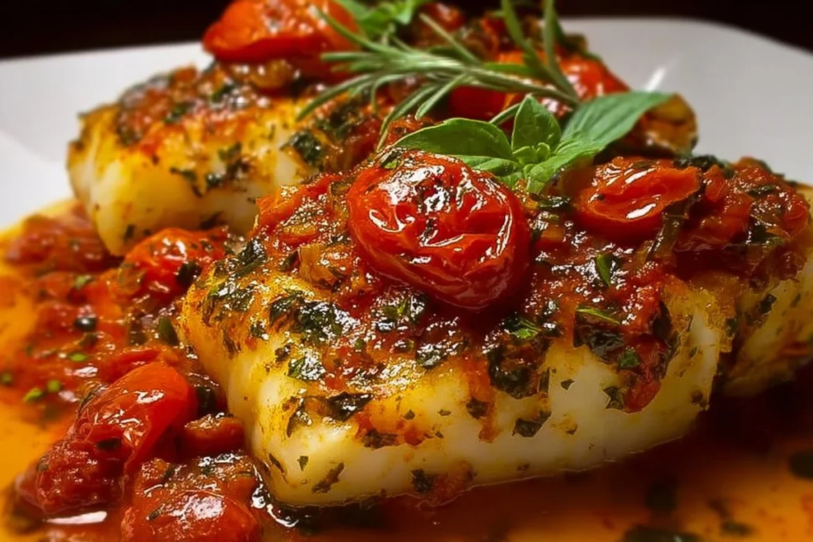 Plate of Mediterranean Cod in Tomato Basil Sauce with fresh herbs