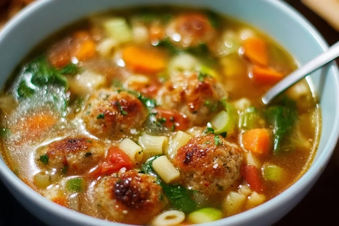 Bowl of minestrone soup with turkey meatballs and fresh vegetables