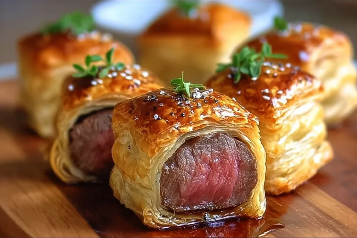 Mini Beef Wellington Bites served on a platter with garnishes