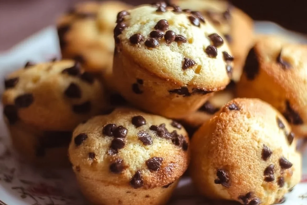 Freshly baked mini chocolate chip muffins on a cooling rack