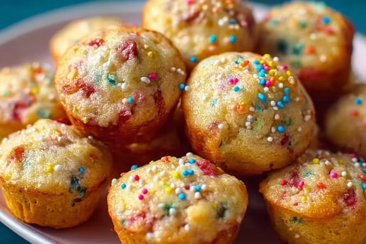 Mini Funfetti yogurt muffins with sprinkles on a plate