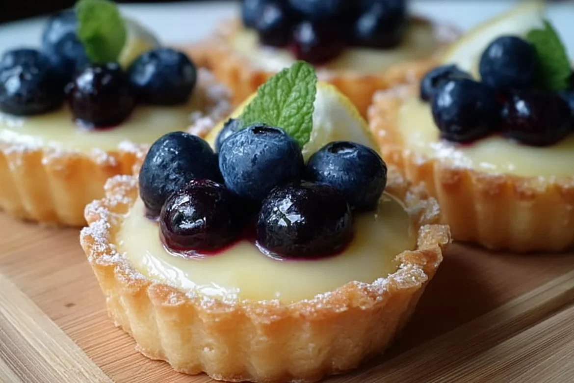 Mini lemon blueberry tarts garnished with fresh blueberries and lemon zest