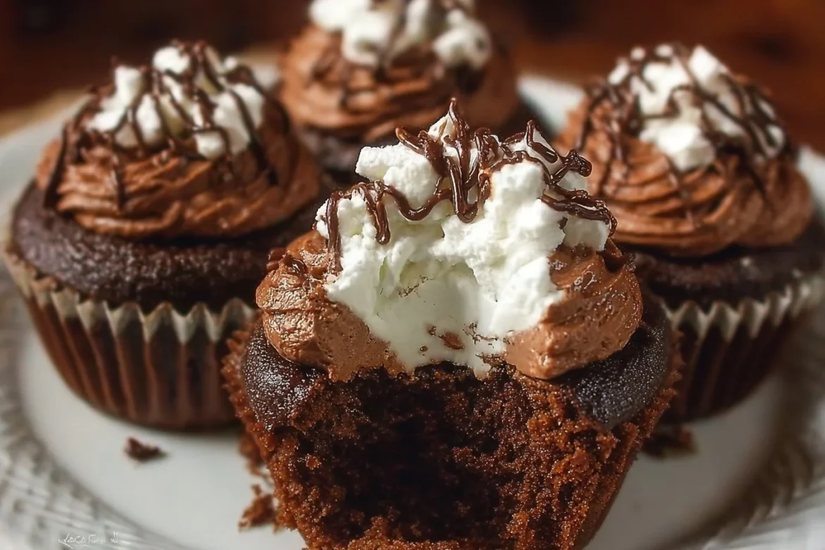 Delicious Mississippi Mud Cupcakes topped with chocolate and marshmallow frosting.