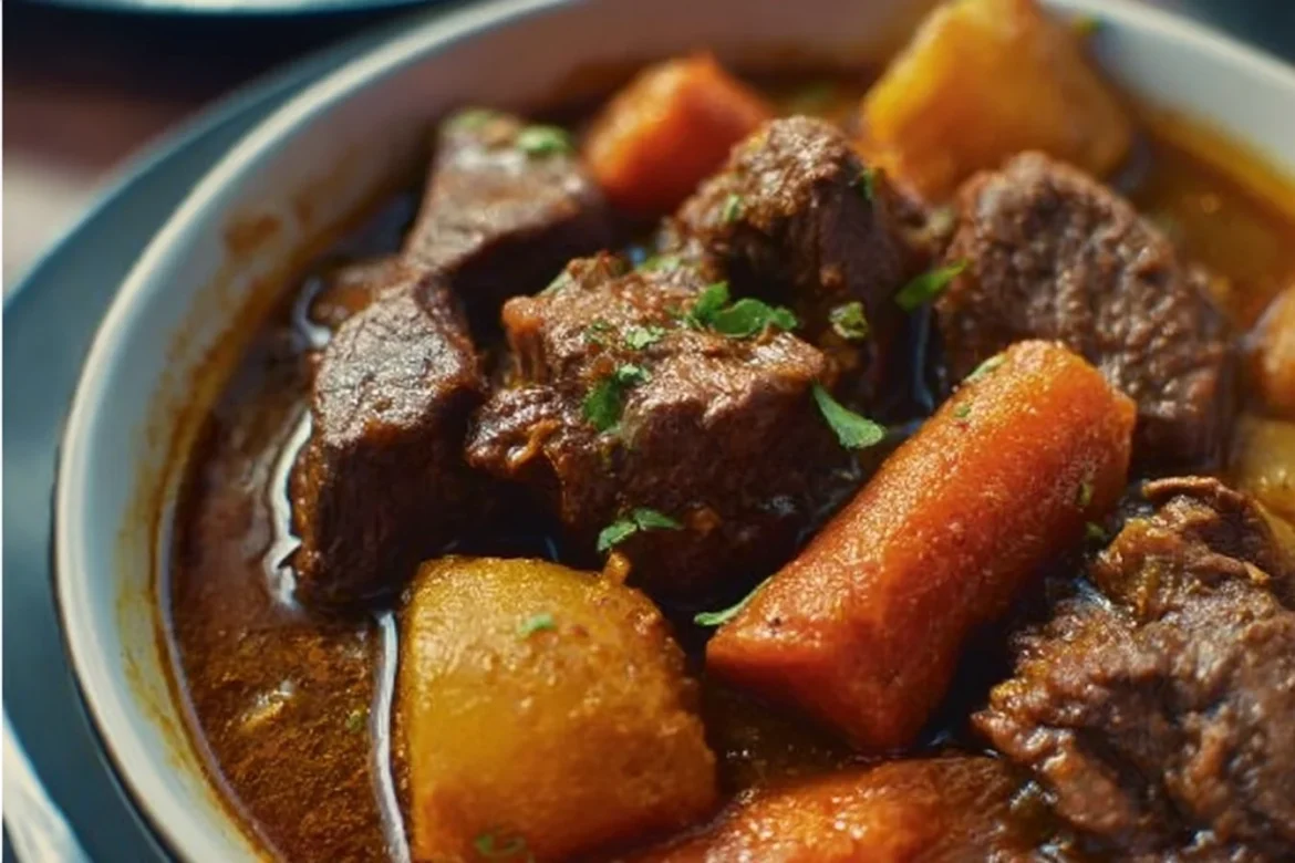 Delicious Puerto Rican beef stew served in a bowl with vegetables and herbs.