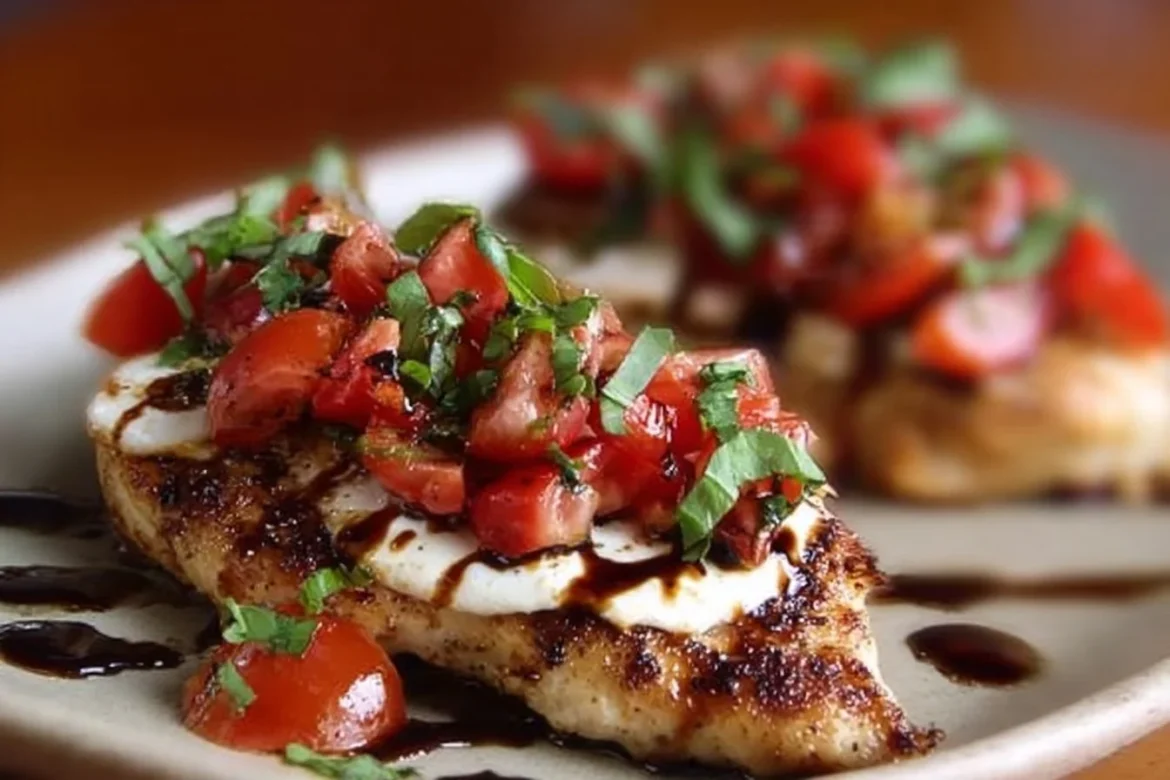 Mouthwatering Mozzarella Bruschetta Chicken served with fresh basil and tomatoes