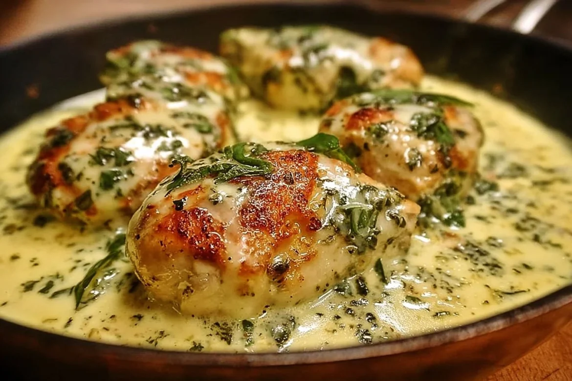 Plate of Mozzarella Chicken in Basil Cream Sauce garnished with fresh basil