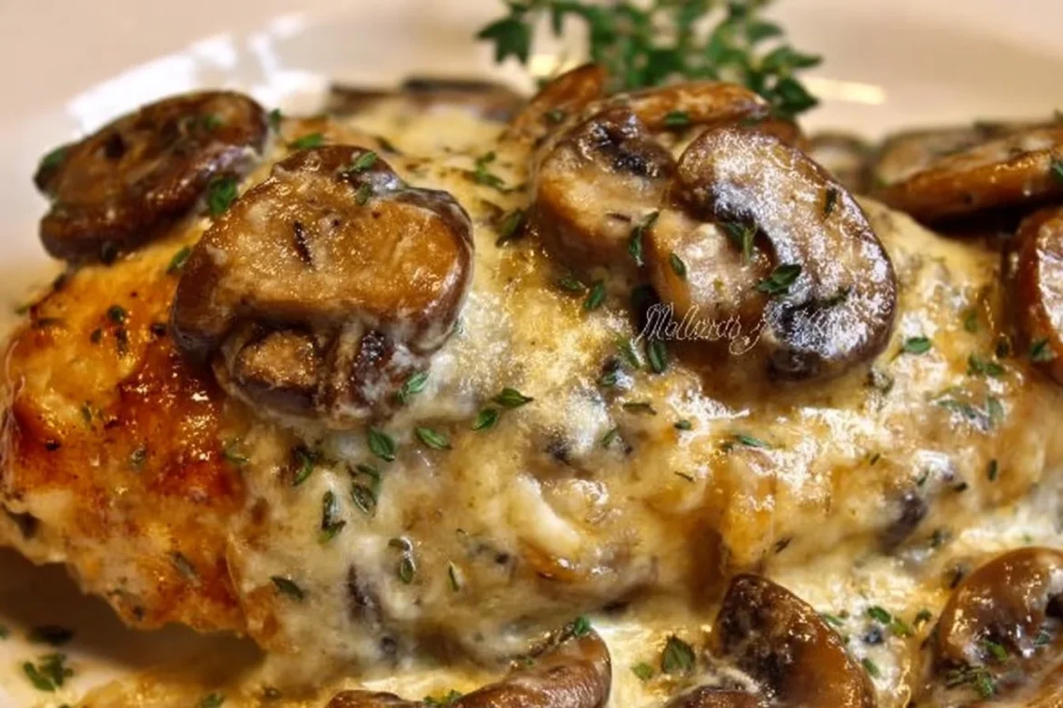 Delicious Mushroom Asiago Chicken served on a plate with fresh herbs.