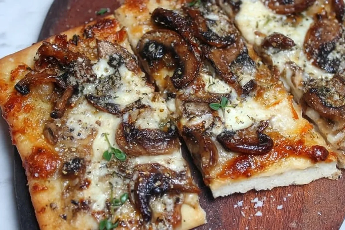 Mushroom Flatbread Pizza topped with fresh mushrooms and herbs
