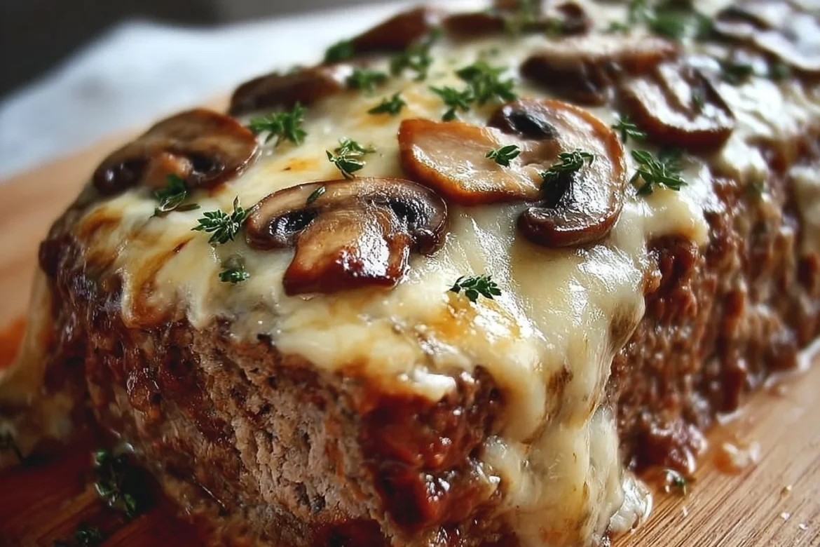 Delicious Mushroom Swiss Cheese Meatloaf garnished with mushrooms and melted cheese