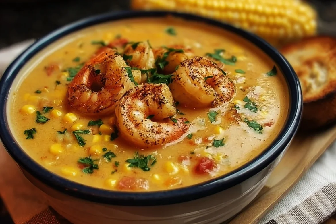 Bowl of New Orleans Shrimp and Corn Bisque garnished with herbs