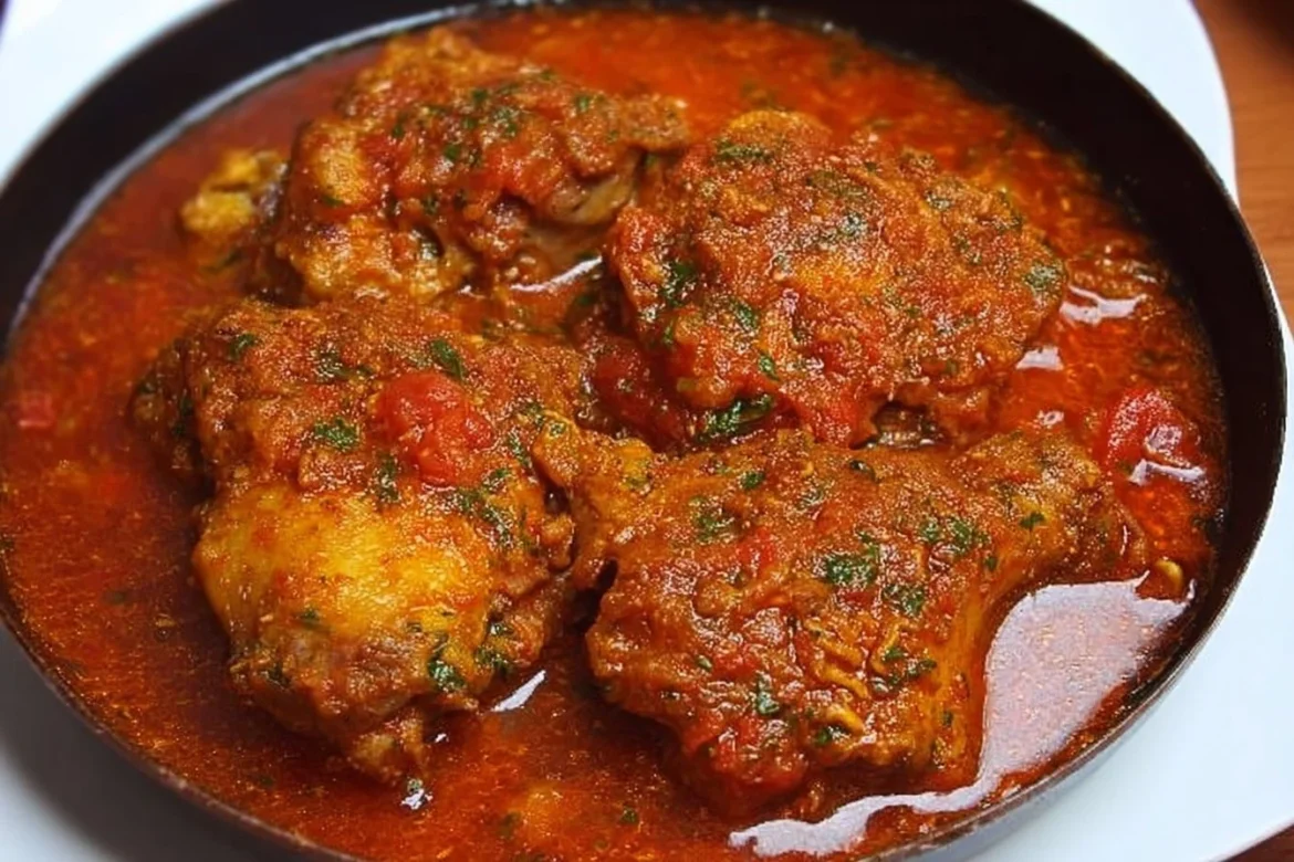 Bowl of Nigerian Chicken Stew with vegetables and spices