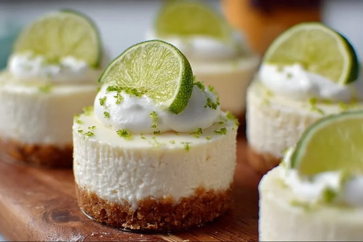 No-bake mini key lime cheesecakes topped with lime slices and whipped cream