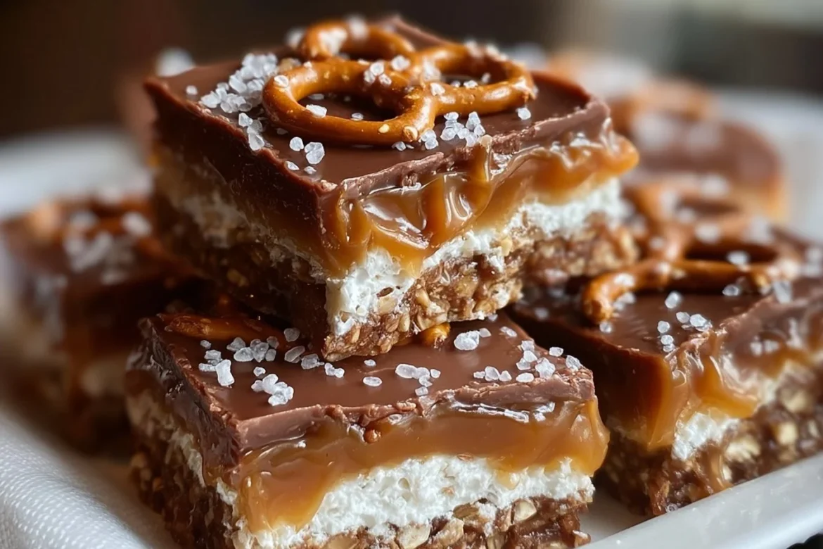 Delicious no-bake salted caramel pretzel bars topped with chocolate and sea salt