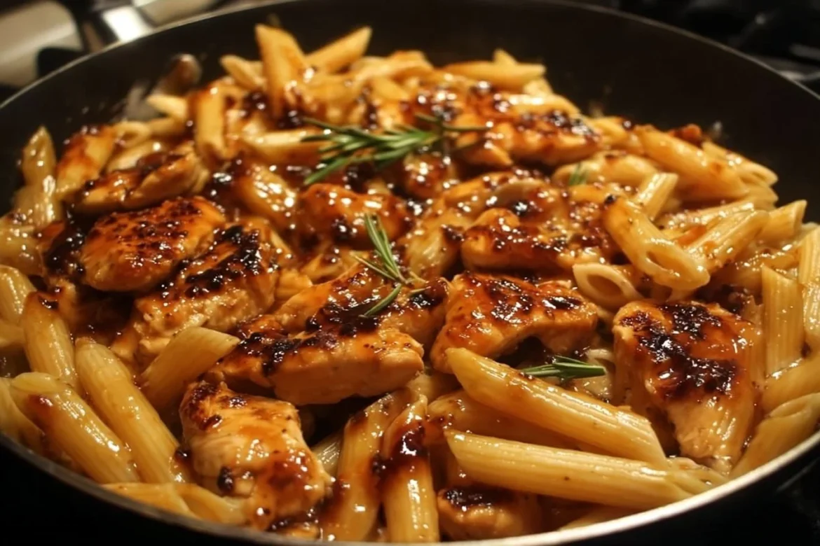 Delicious One-Pan Tangy Honey BBQ Chicken Penne served on a plate