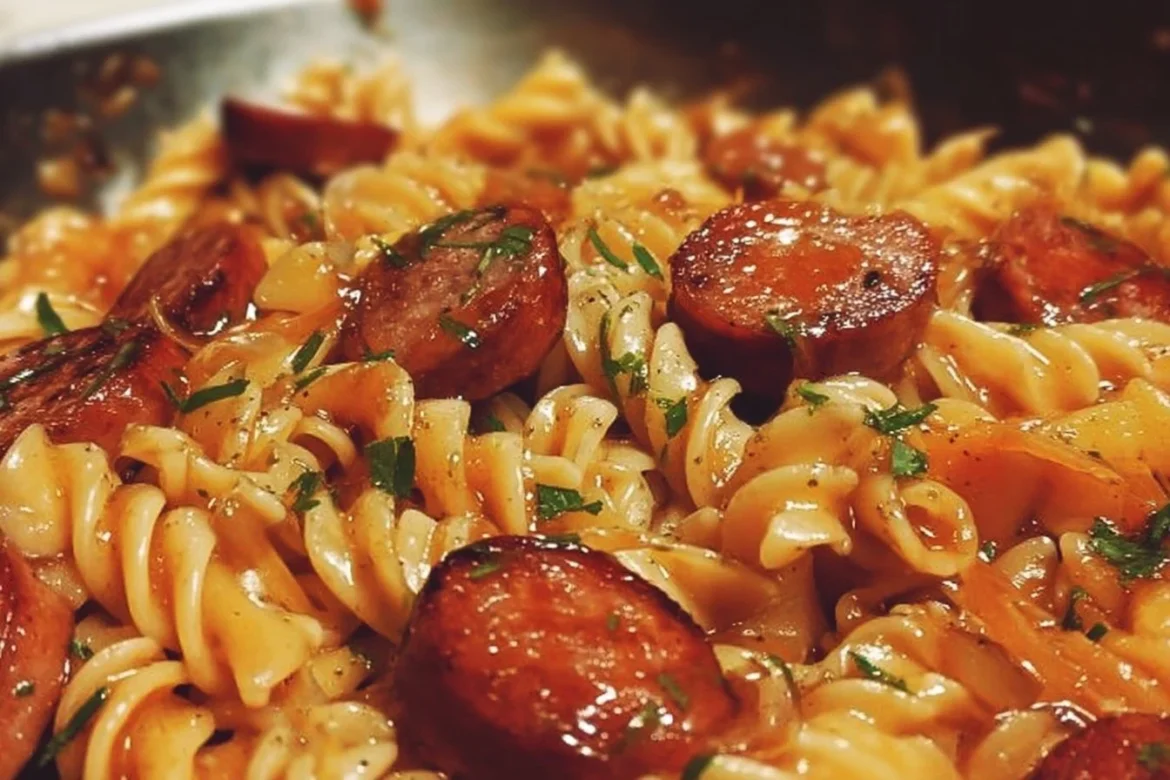 One-Pot Honey BBQ Sausage Pasta served in a bowl with a rustic backdrop