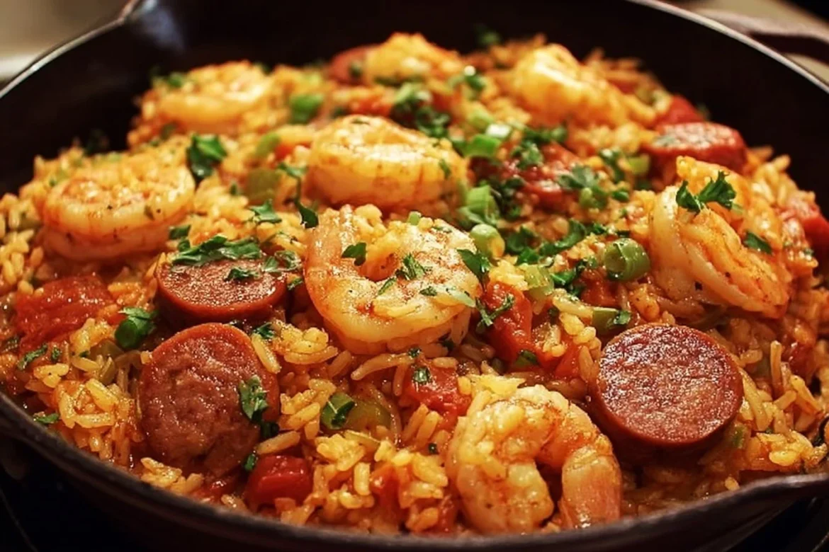 Delicious one pot shrimp jambalaya with sausage served in a bowl
