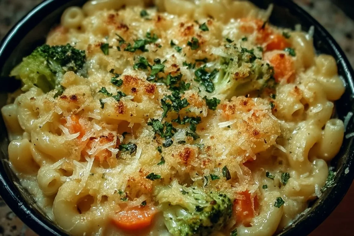 Creamy one pot veggie mac and cheese with fresh vegetables and cheese sauce