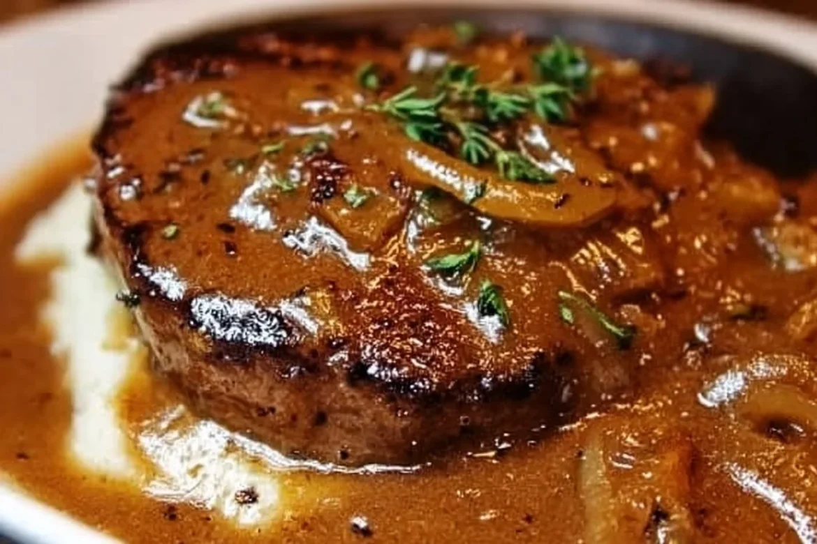 Juicy steak smothered in rich onion gravy served on a plate.