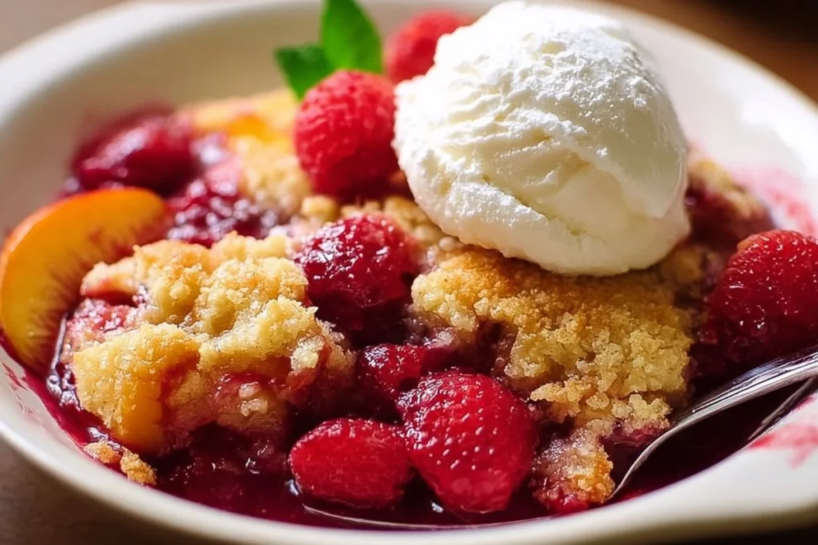 Delicious Peach Raspberry Cobbler fresh out of the oven