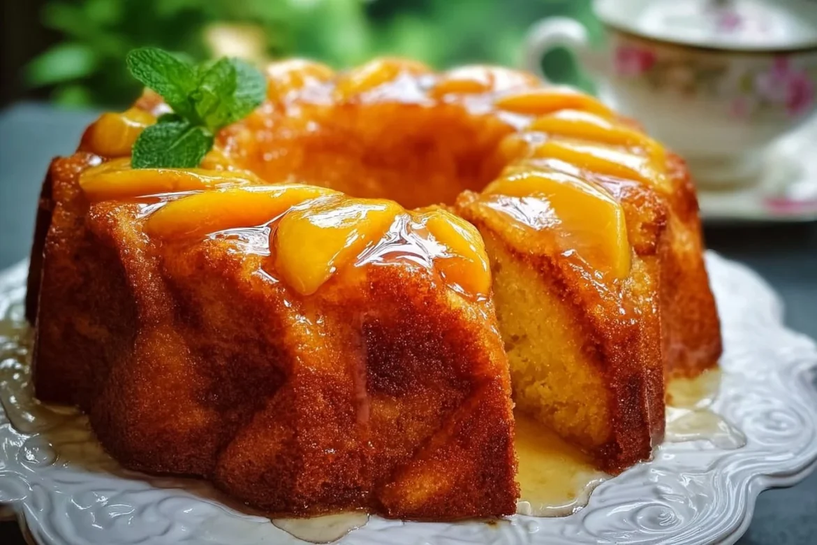 Delicious Peach Cobbler Pound Cake topped with fresh peaches and a golden crust.