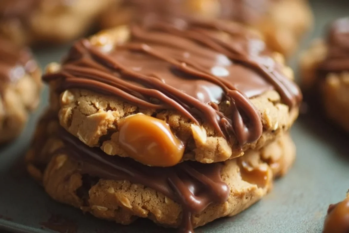Delicious Peanut Butter Chocolate Caramel Cookies on a baking tray