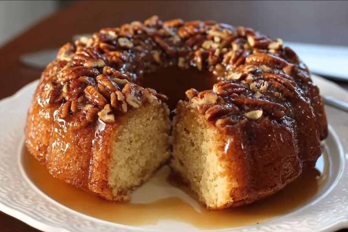 Delicious Pecan Upside-Down Bundt Cake topped with caramelized pecans and butter
