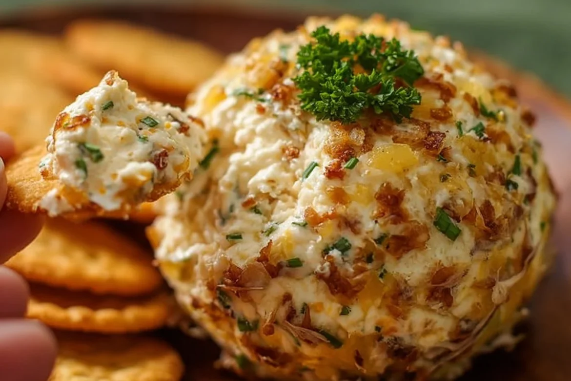 Delicious Pineapple Cheese Ball served on a platter with crackers