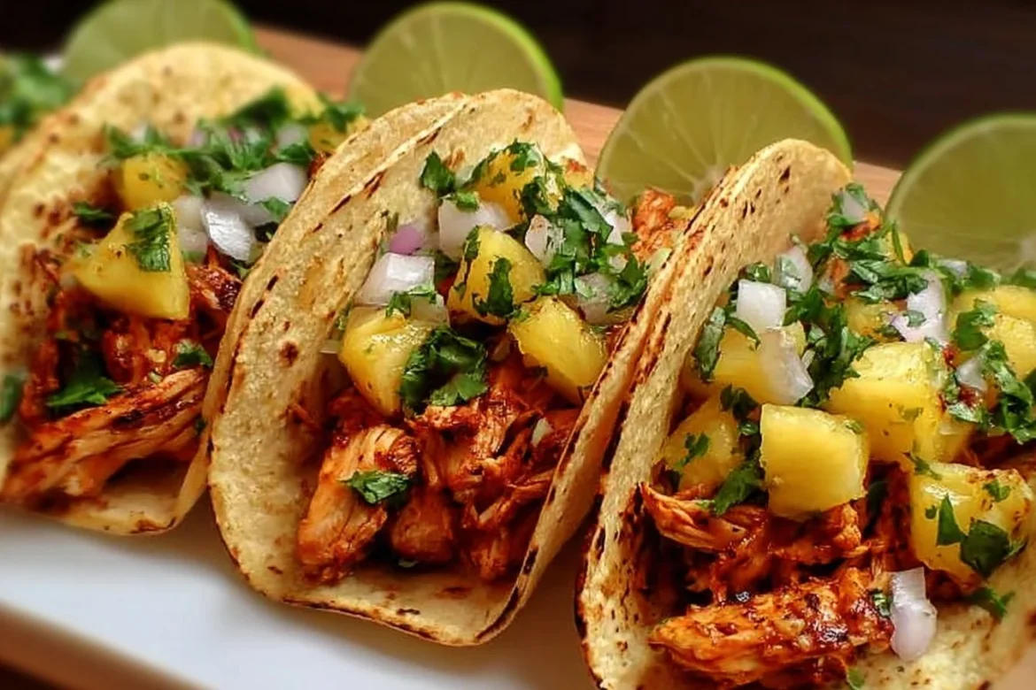 Pineapple chicken tacos garnished with cilantro and lime.