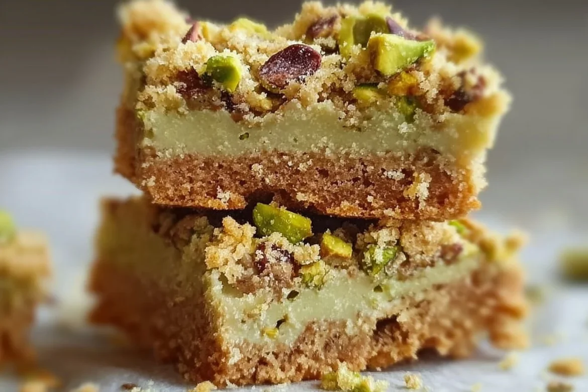Pistachio Dream Cookie Bars stacked on a plate, showing chewy texture and nuts