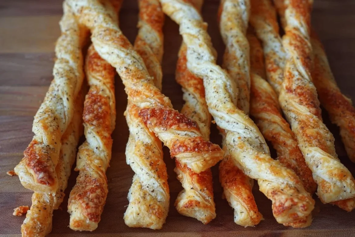Delicious puff pastry cheese straws served on a platter for snacking