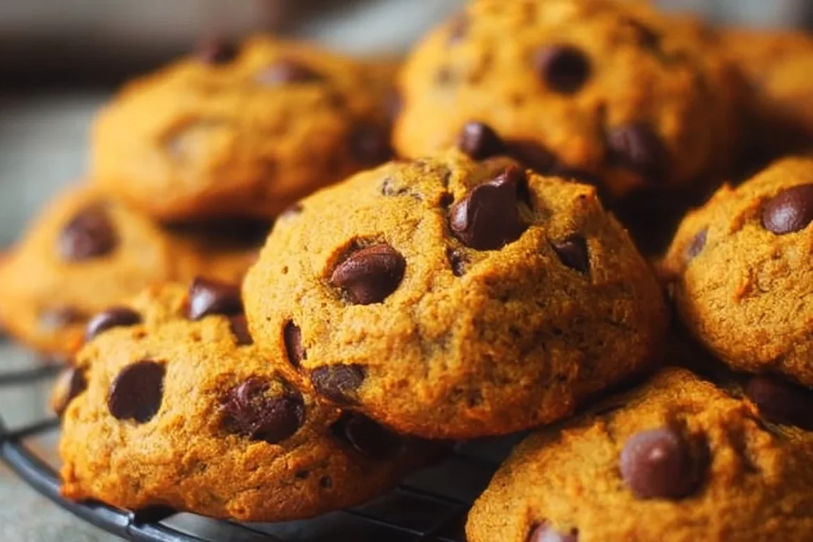Delicious homemade pumpkin chocolate chip cookies on a plate.