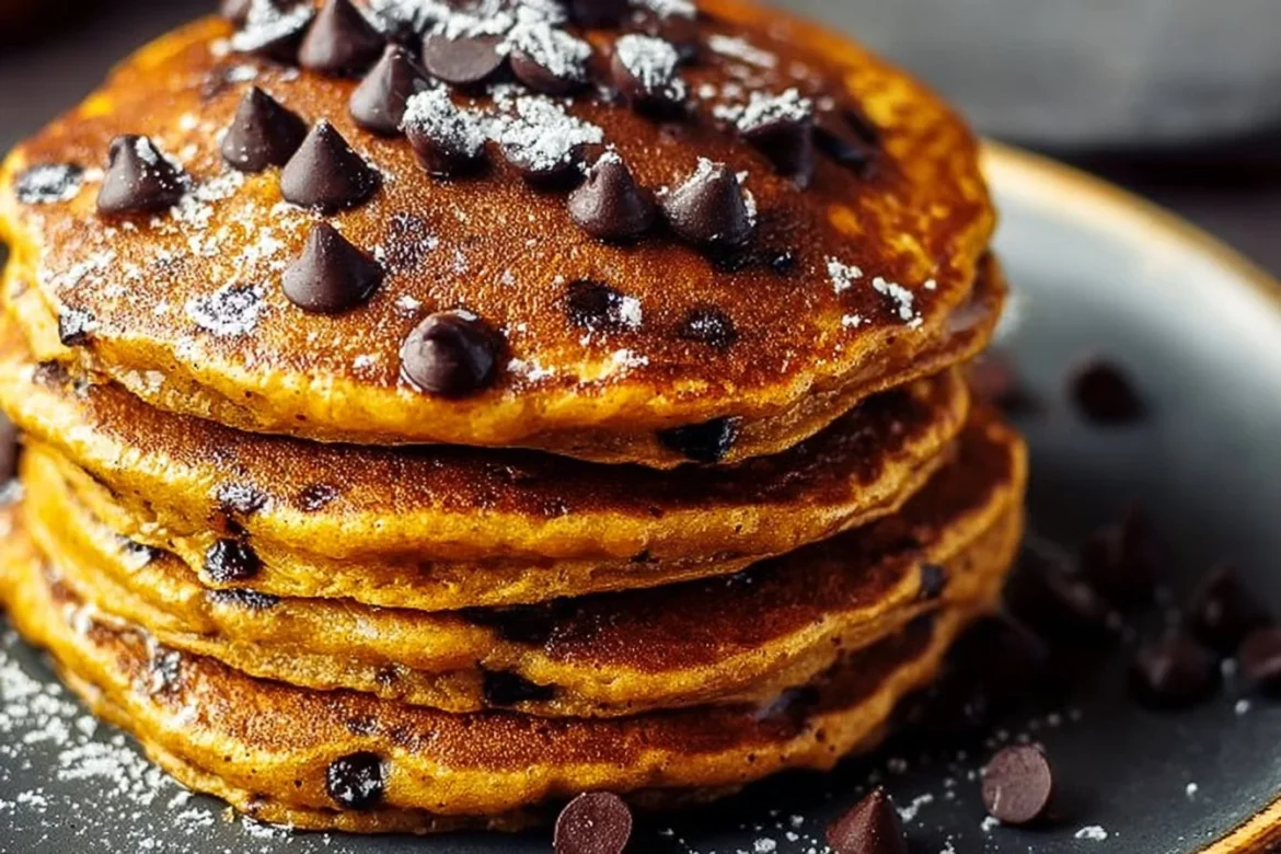 Delicious pumpkin chocolate chip pancakes stacked on a plate with syrup.